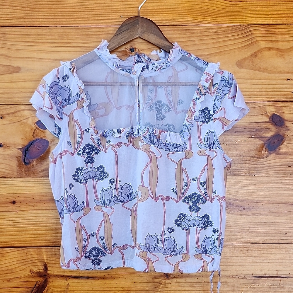 Boutique Floral Ruffle Neck Blouse Mesh Yoke Top Boho Small/Medium